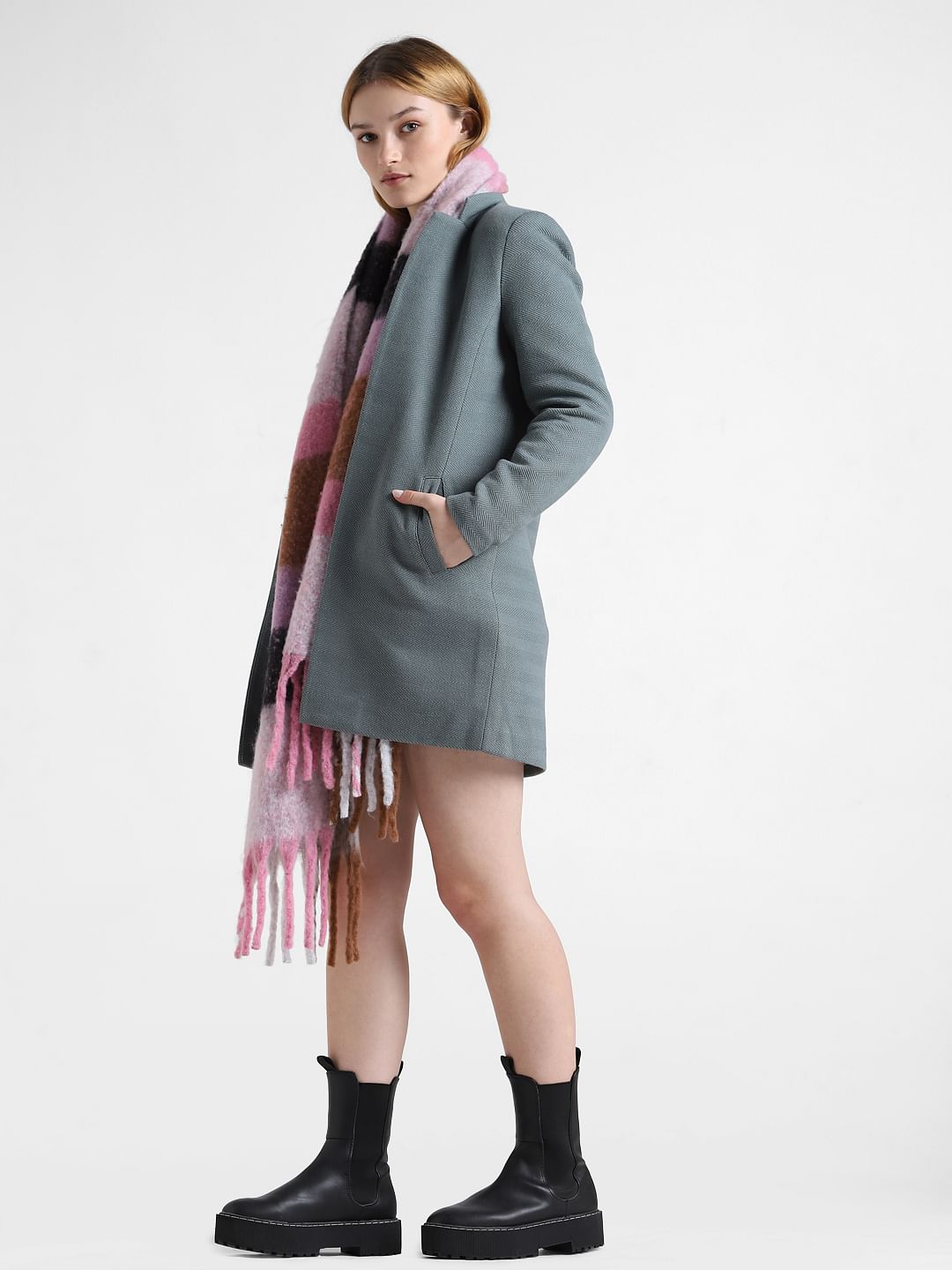 Green Textured Twill Long Coat