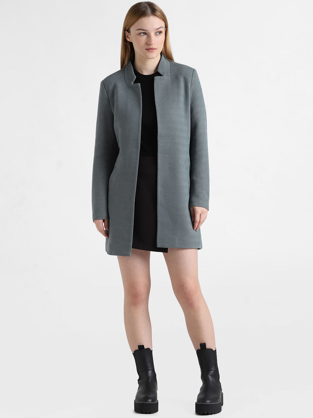 Green Textured Twill Long Coat