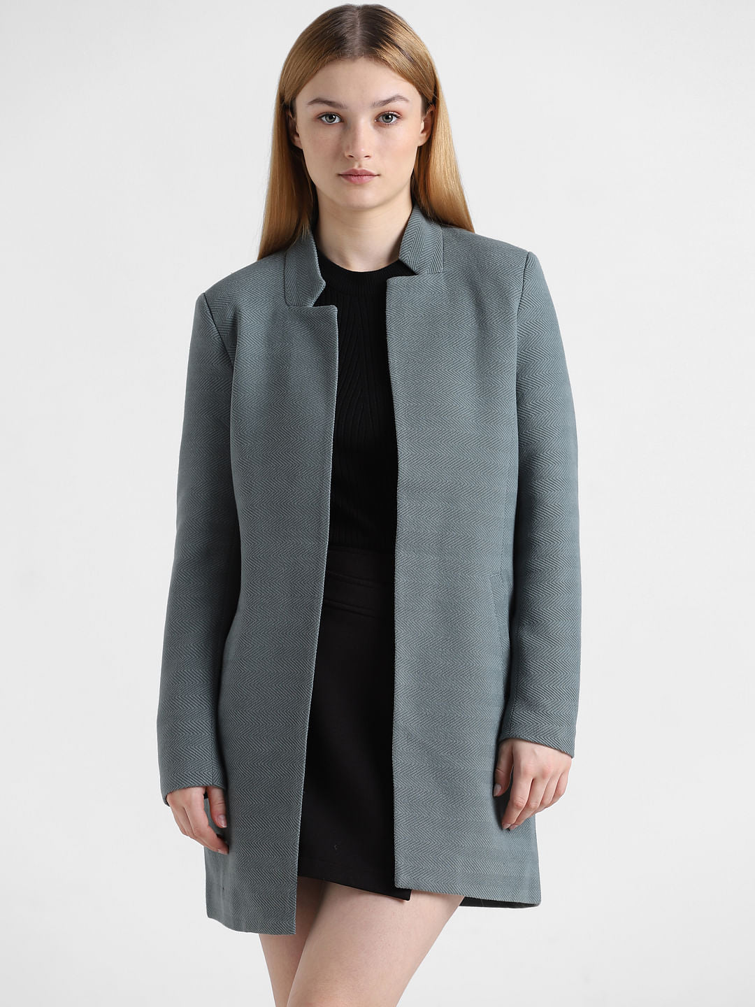 Green Textured Twill Long Coat