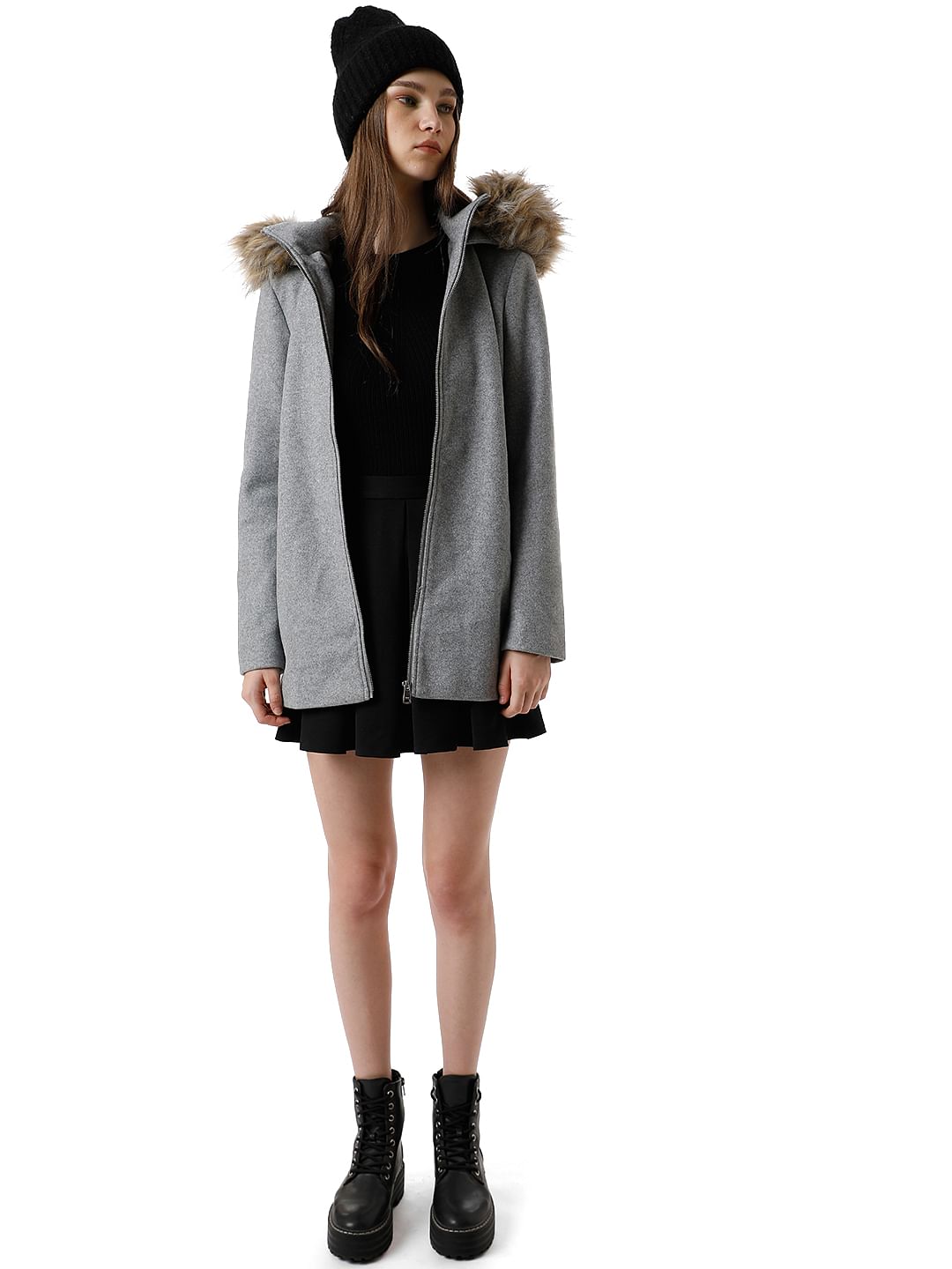 Grey Faux Fur Hood Coat