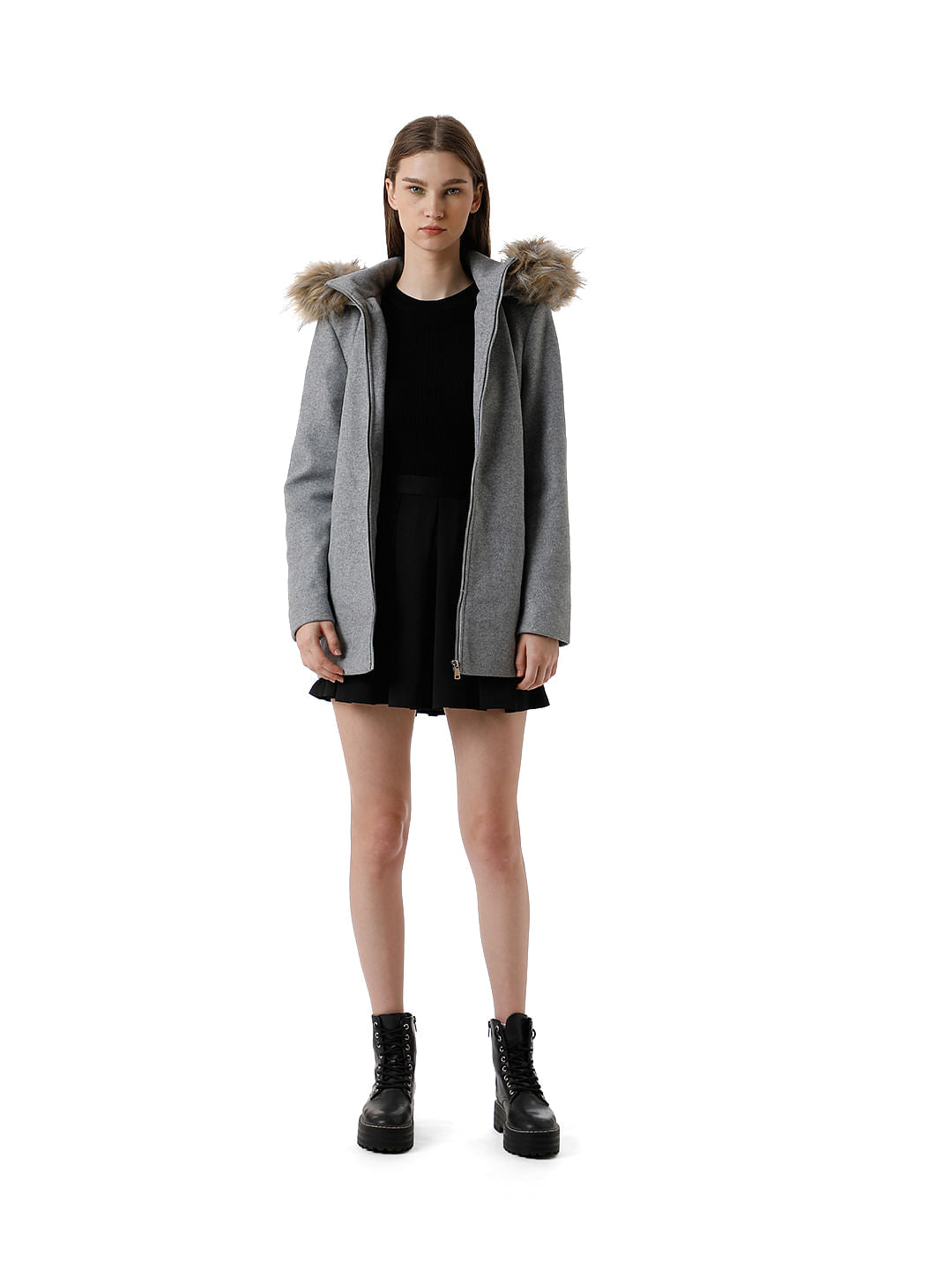 Grey Faux Fur Hood Coat