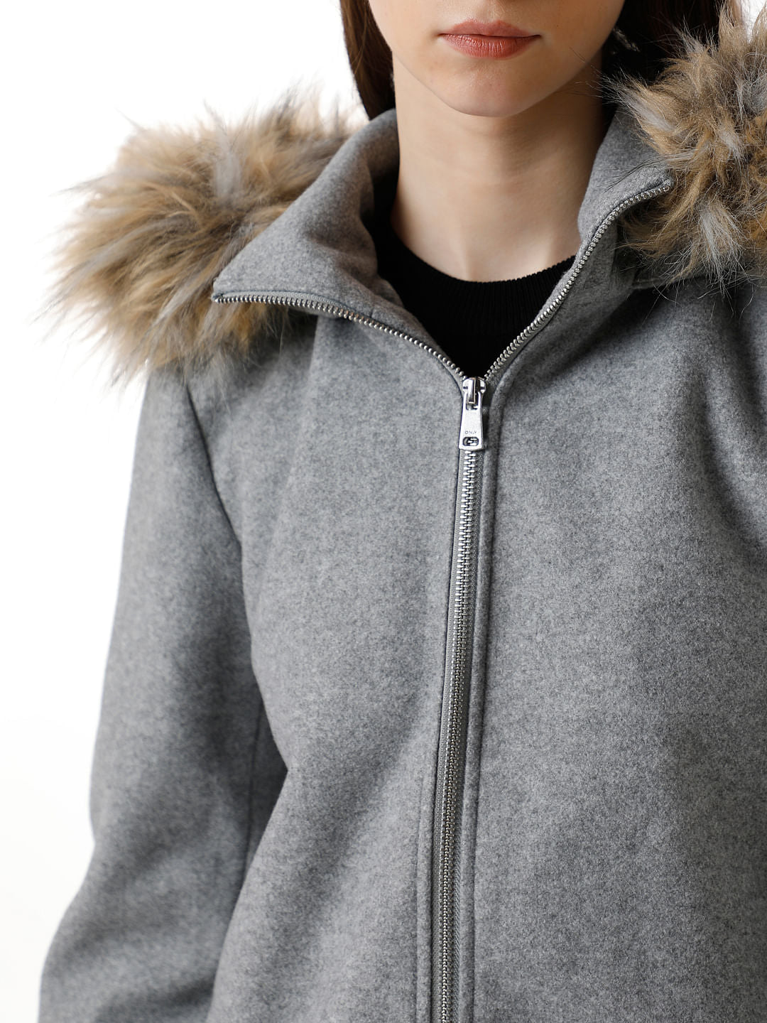 Grey Faux Fur Hood Coat