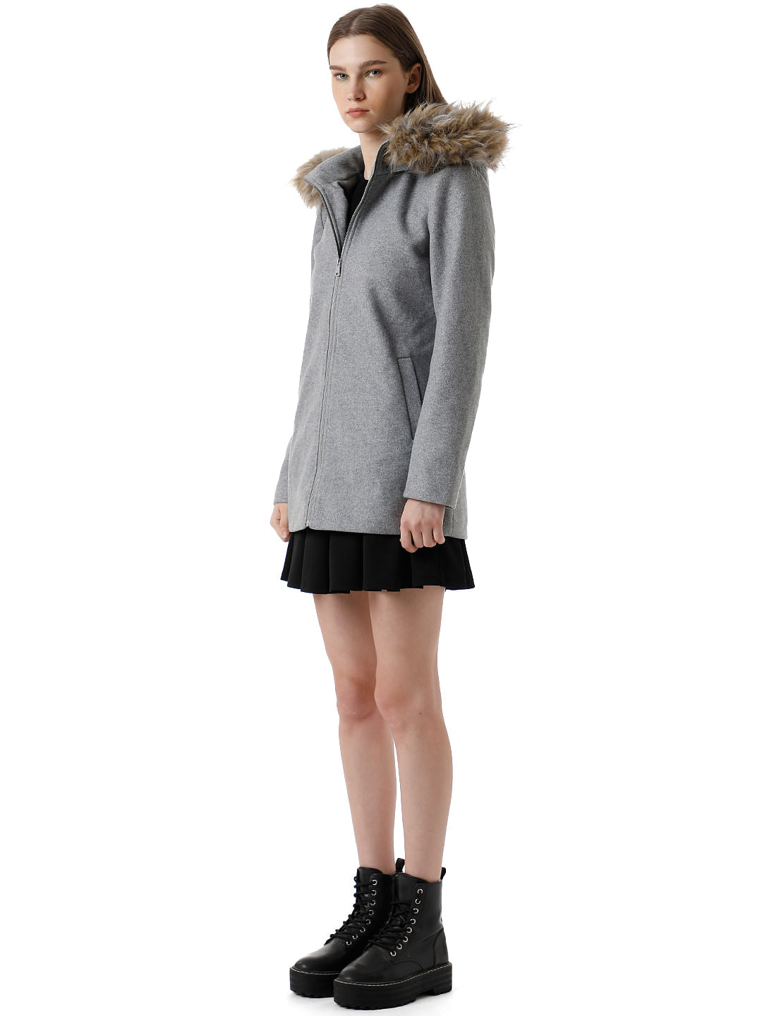 Grey Faux Fur Hood Coat