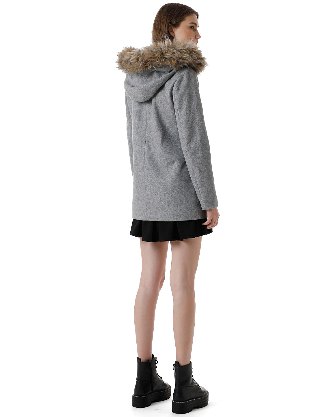 Grey Faux Fur Hood Coat