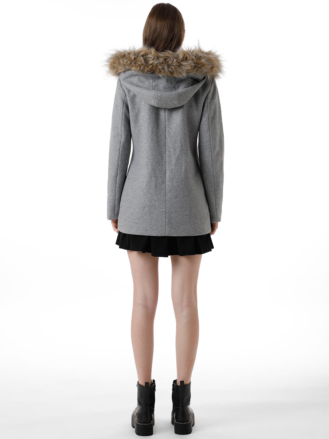 Grey Faux Fur Hood Coat