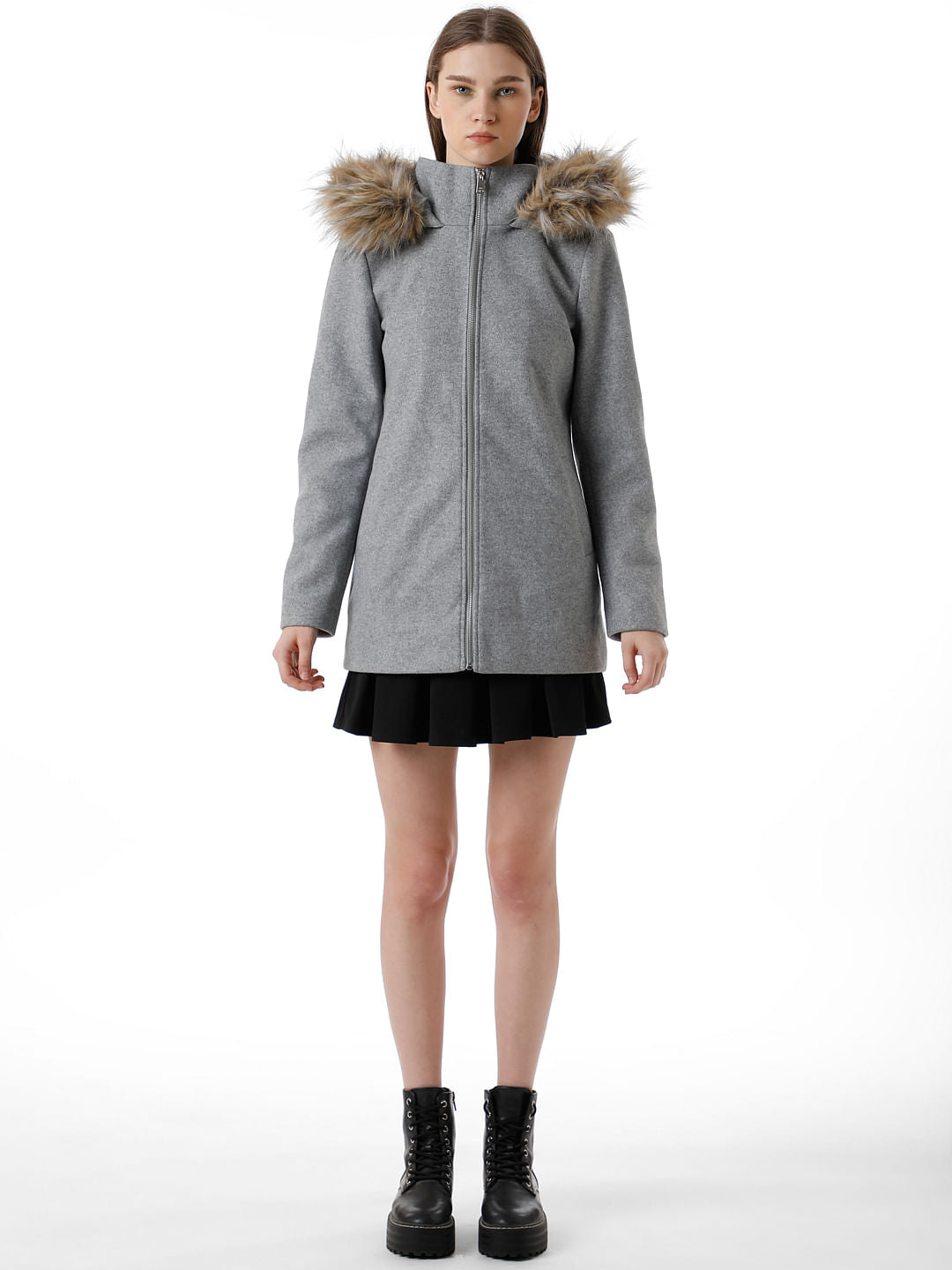 Grey Faux Fur Hood Coat