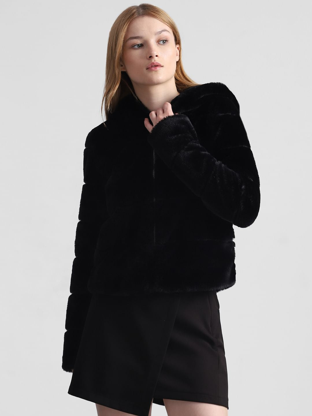 Black Faux Fur Hooded Jacket