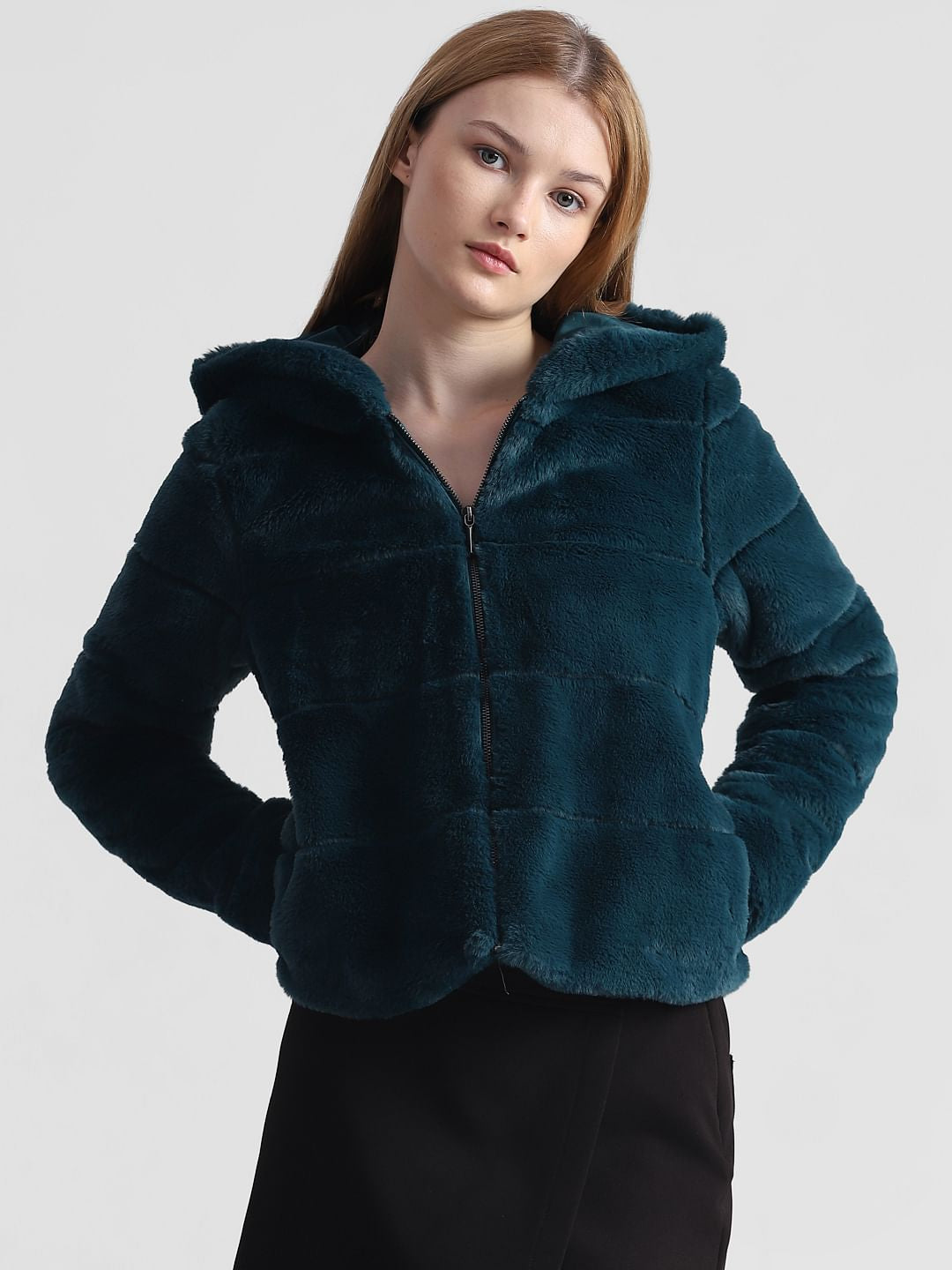 Sea Green Faux Fur Hooded Jacket