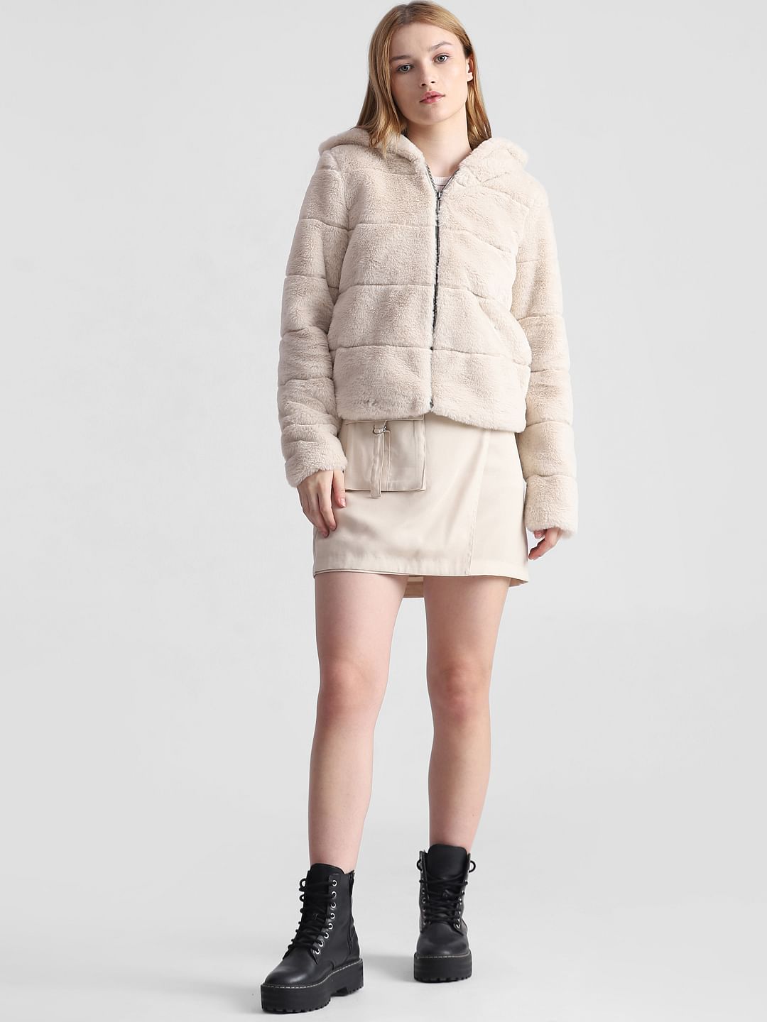 Beige Faux Fur Hooded Jacket