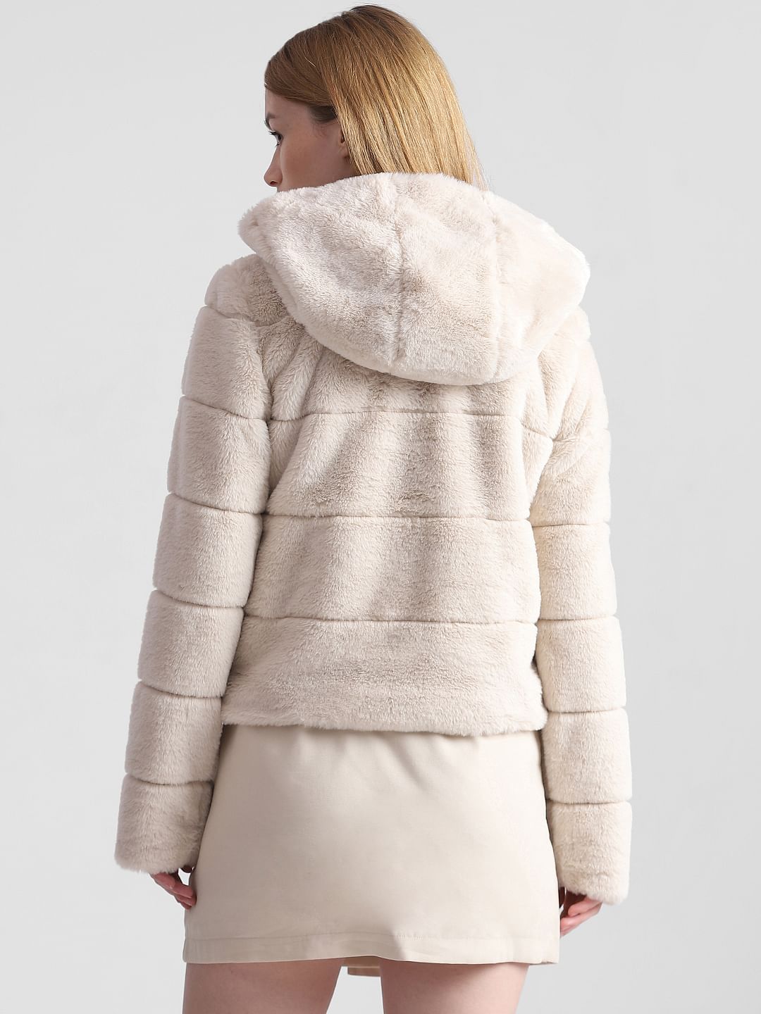 Beige Faux Fur Hooded Jacket