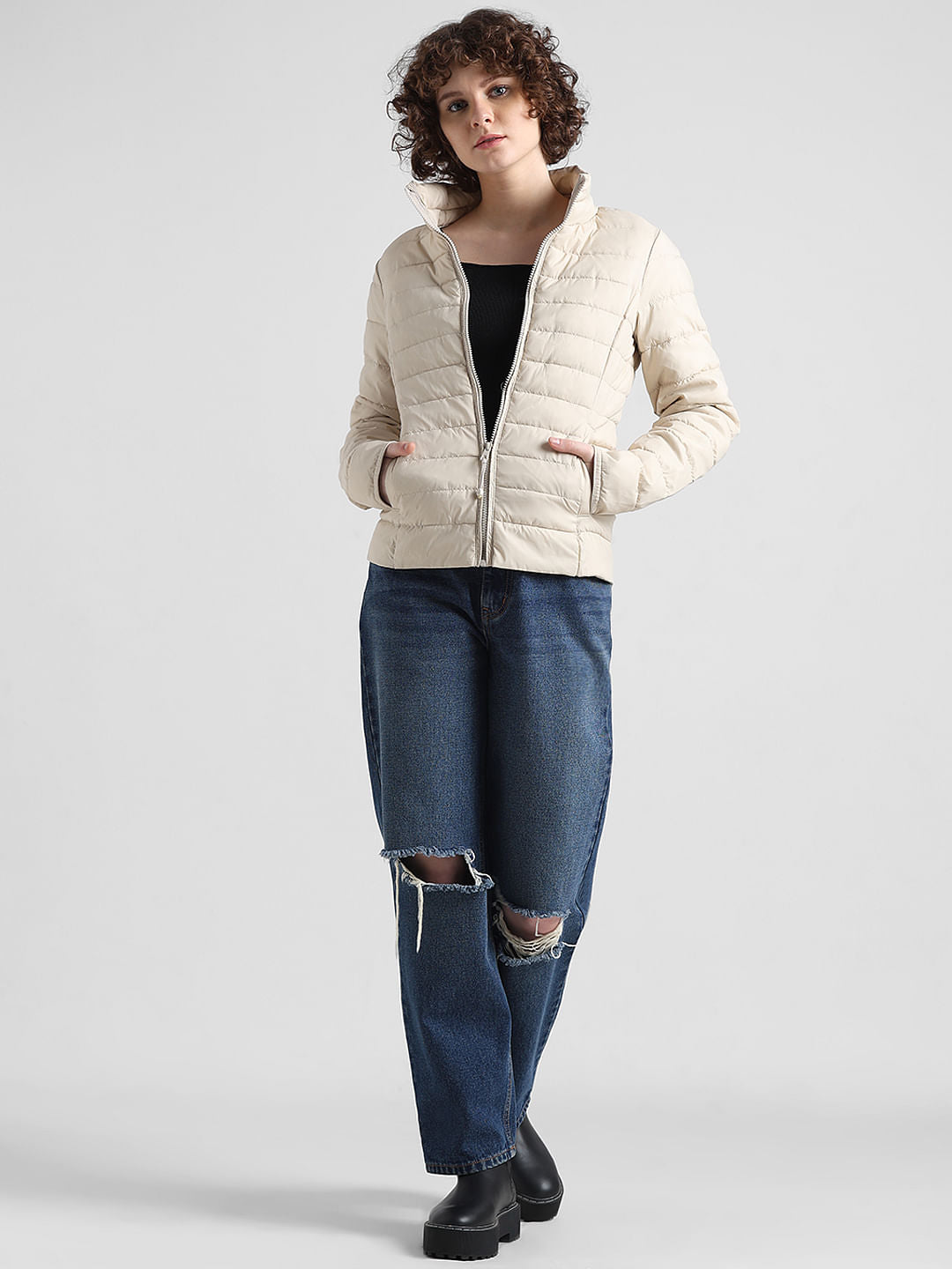Beige Quilted High Neck Puffer Jacket
