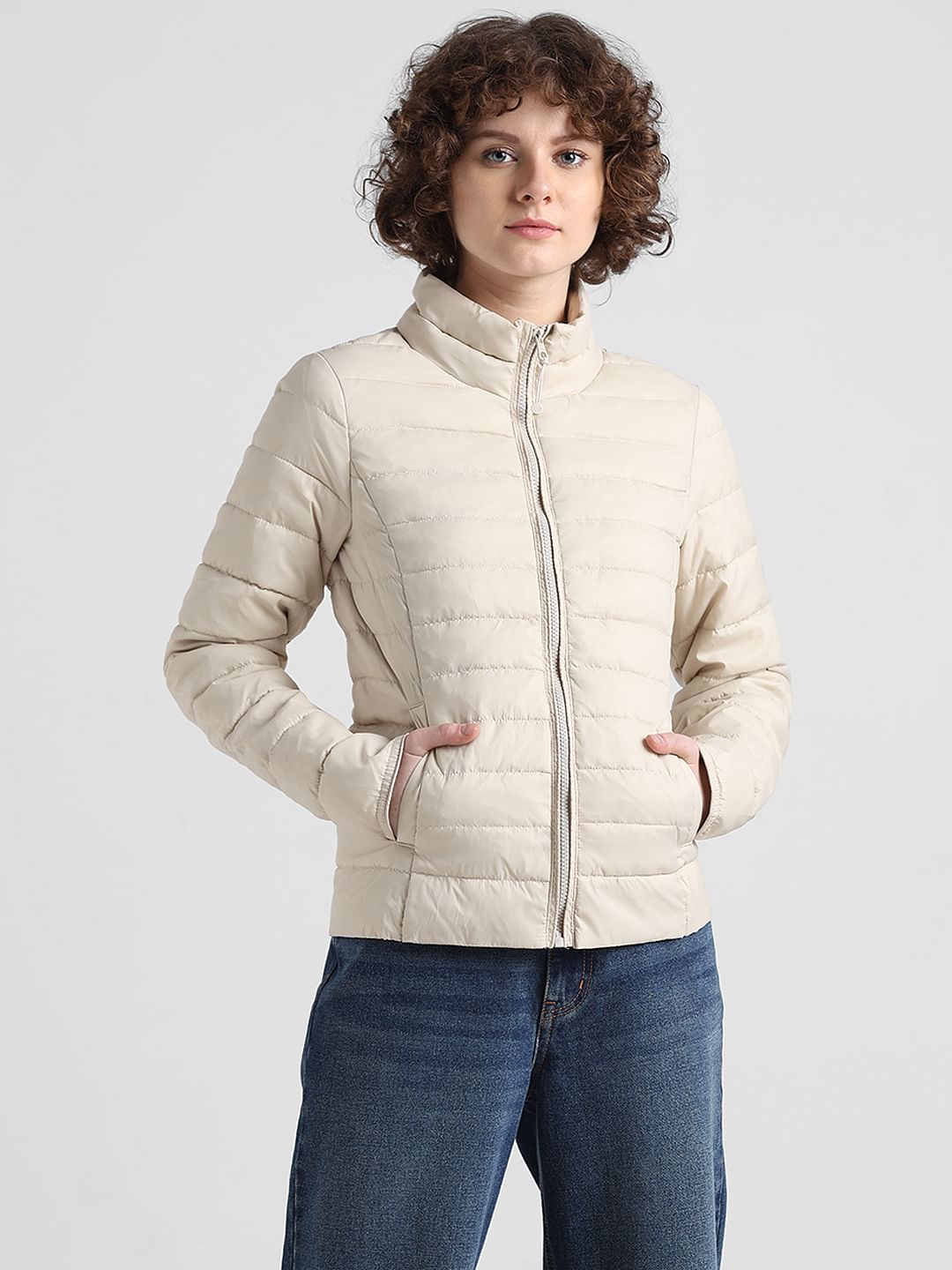 Beige Quilted High Neck Puffer Jacket