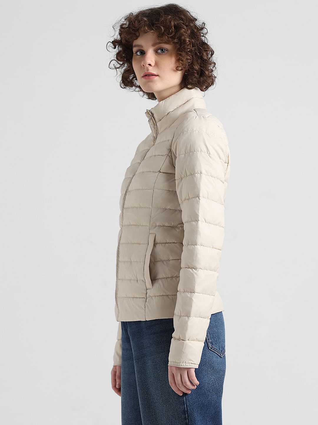 Beige Quilted High Neck Puffer Jacket