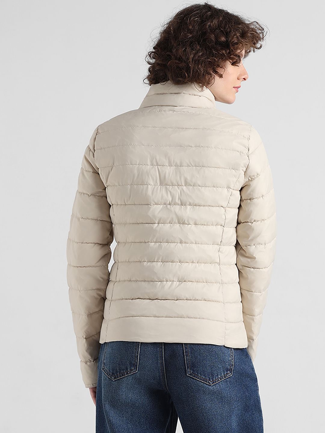 Beige Quilted High Neck Puffer Jacket