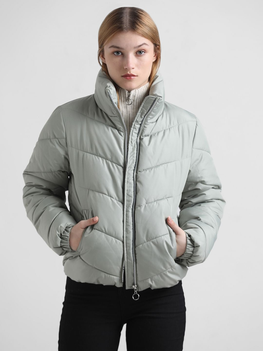Green High Neck Padded Puffer Jacket