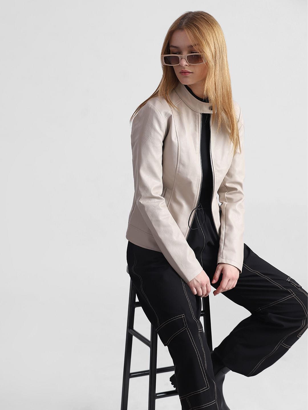 Beige Faux Leather Biker Jacket