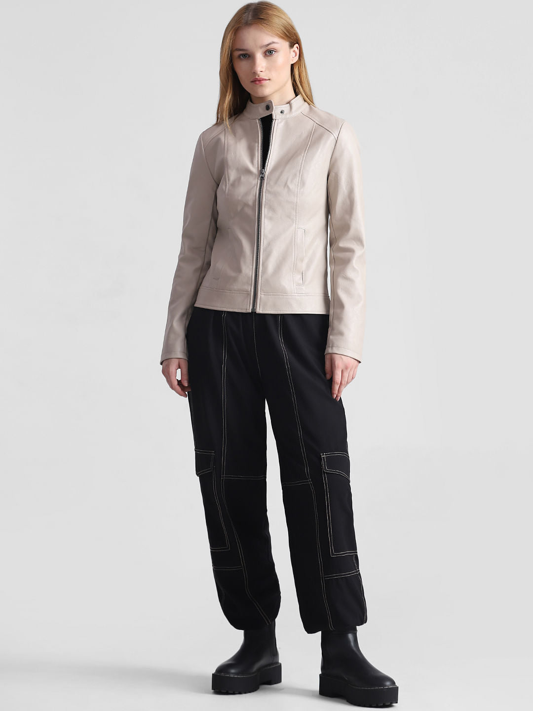 Beige Faux Leather Biker Jacket