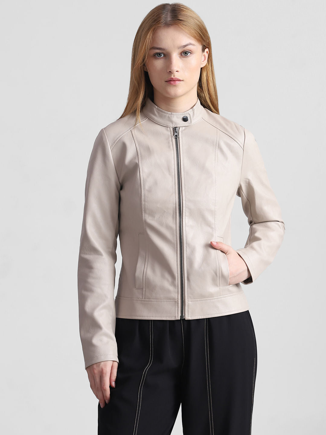 Beige Faux Leather Biker Jacket