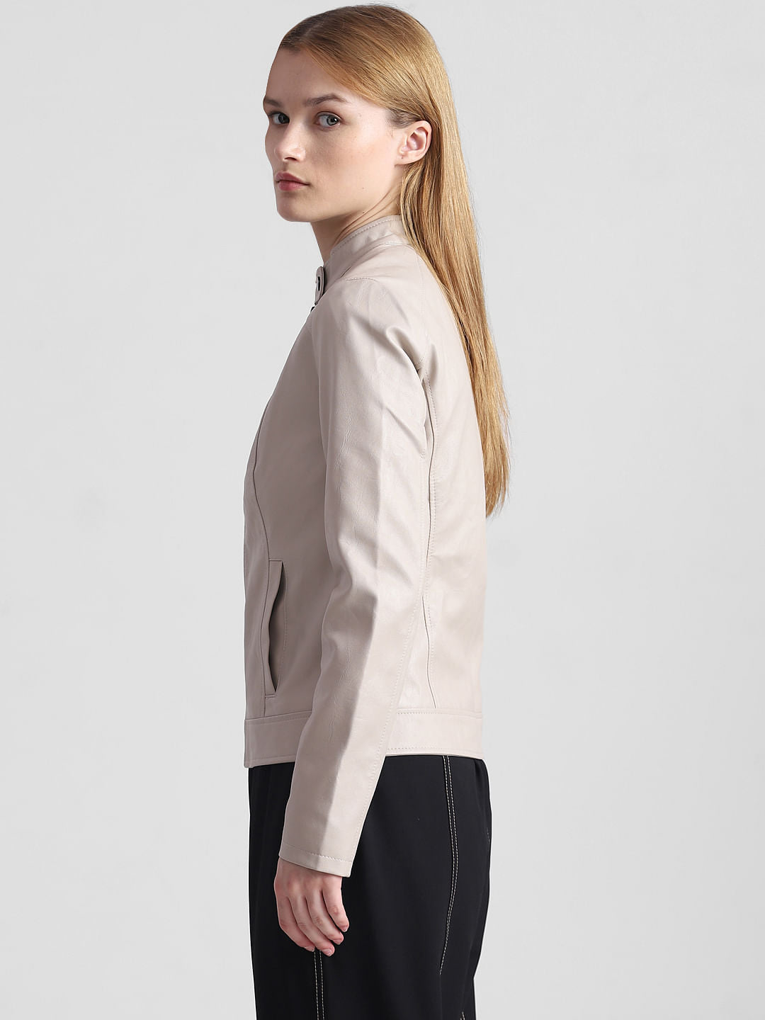 Beige Faux Leather Biker Jacket