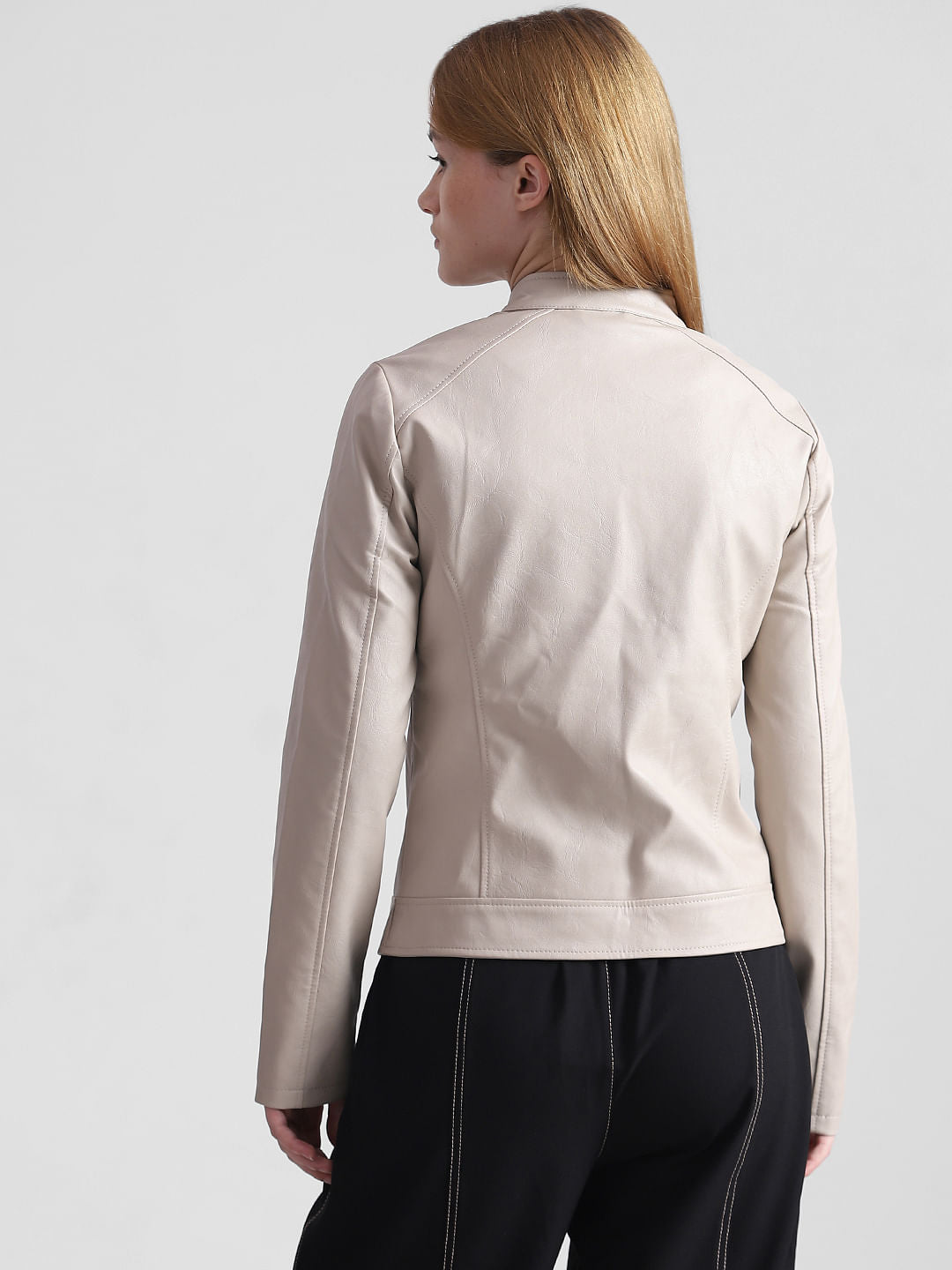 Beige Faux Leather Biker Jacket