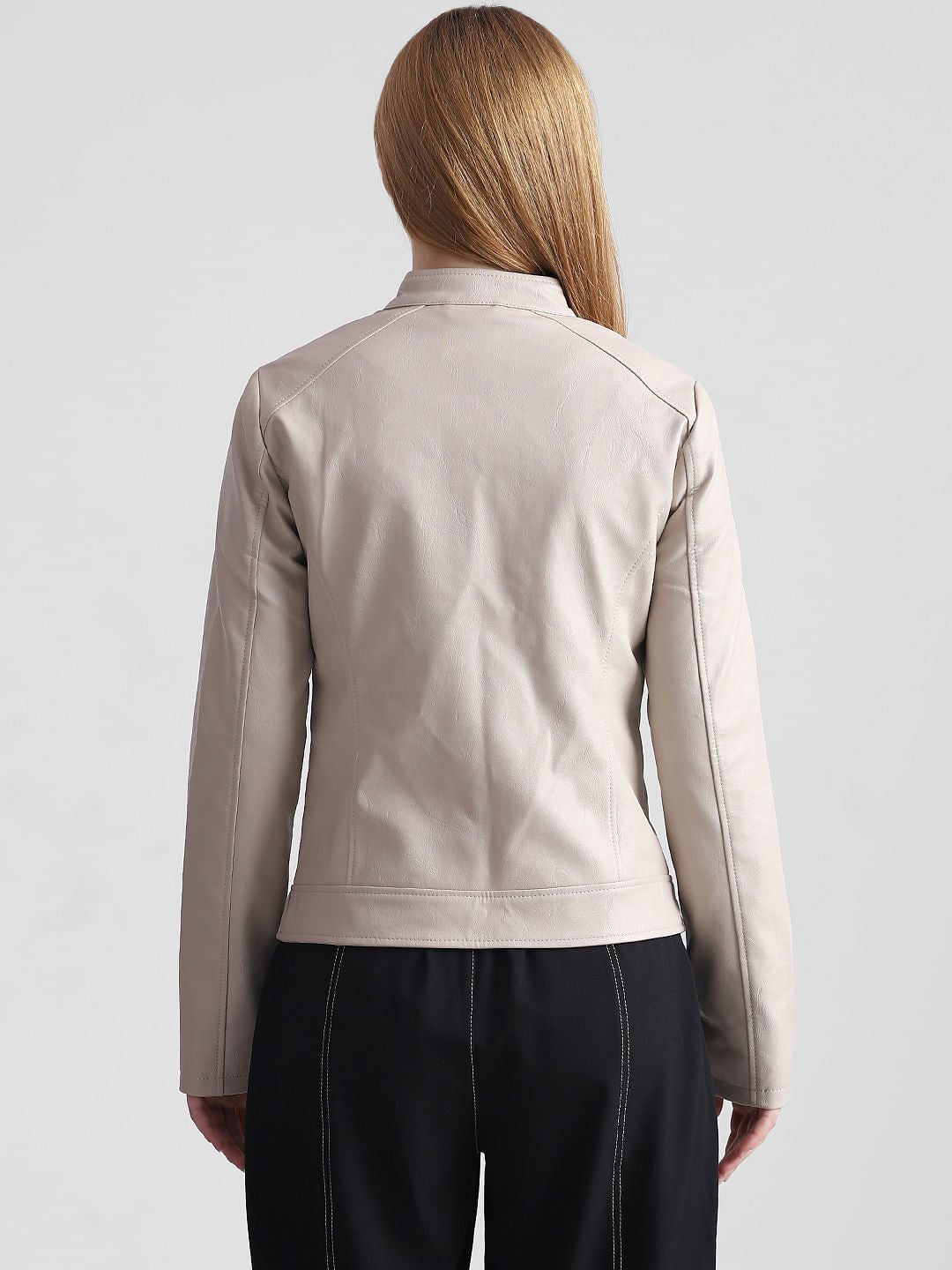 Beige Faux Leather Biker Jacket