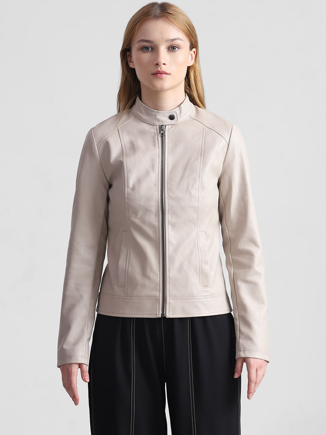 Beige Faux Leather Biker Jacket