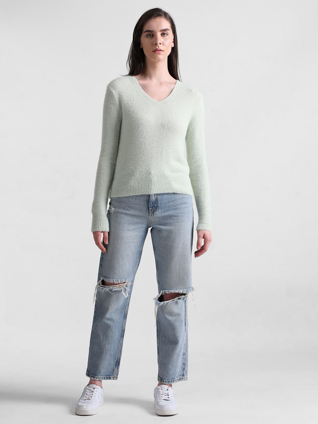 Light Green Fluffy Knit Pullover