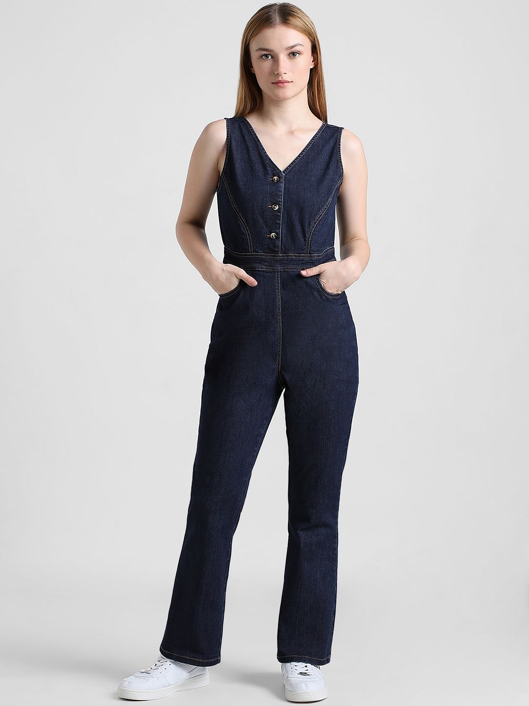 Dark Blue V-Neck Denim Jumpsuit