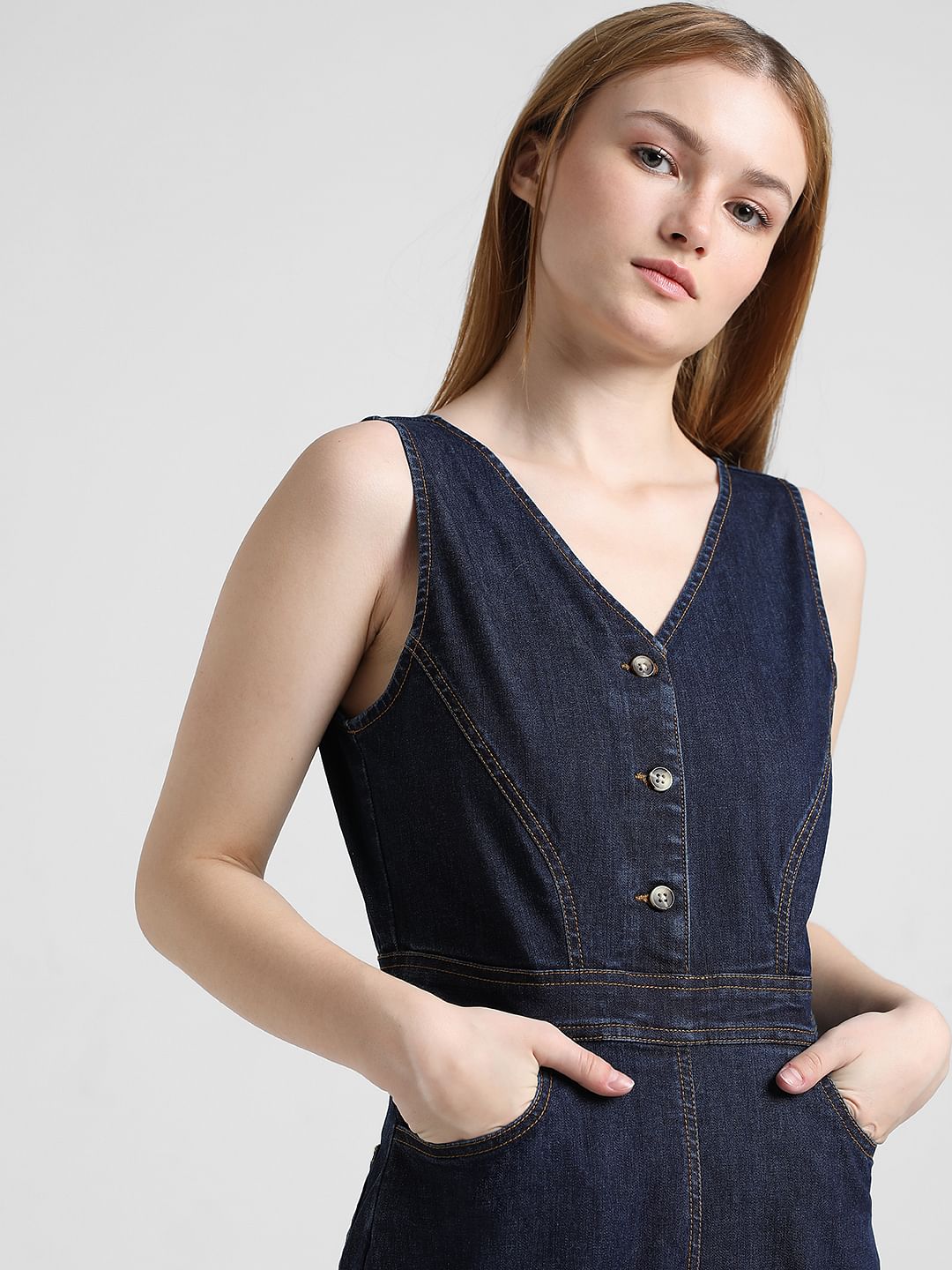 Dark Blue V-Neck Denim Jumpsuit