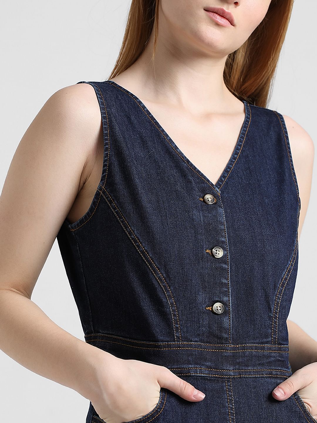 Dark Blue V-Neck Denim Jumpsuit