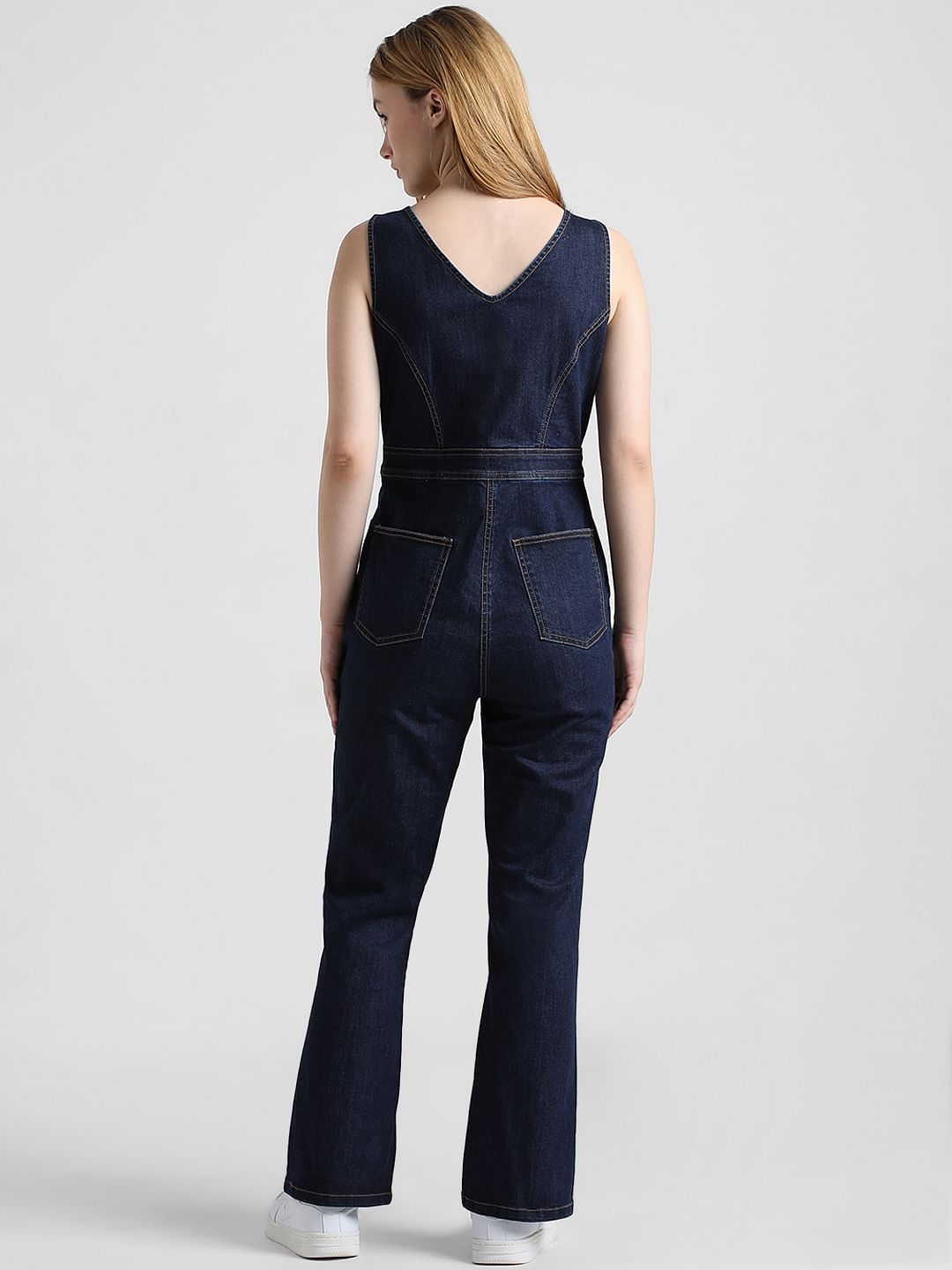 Dark Blue V-Neck Denim Jumpsuit