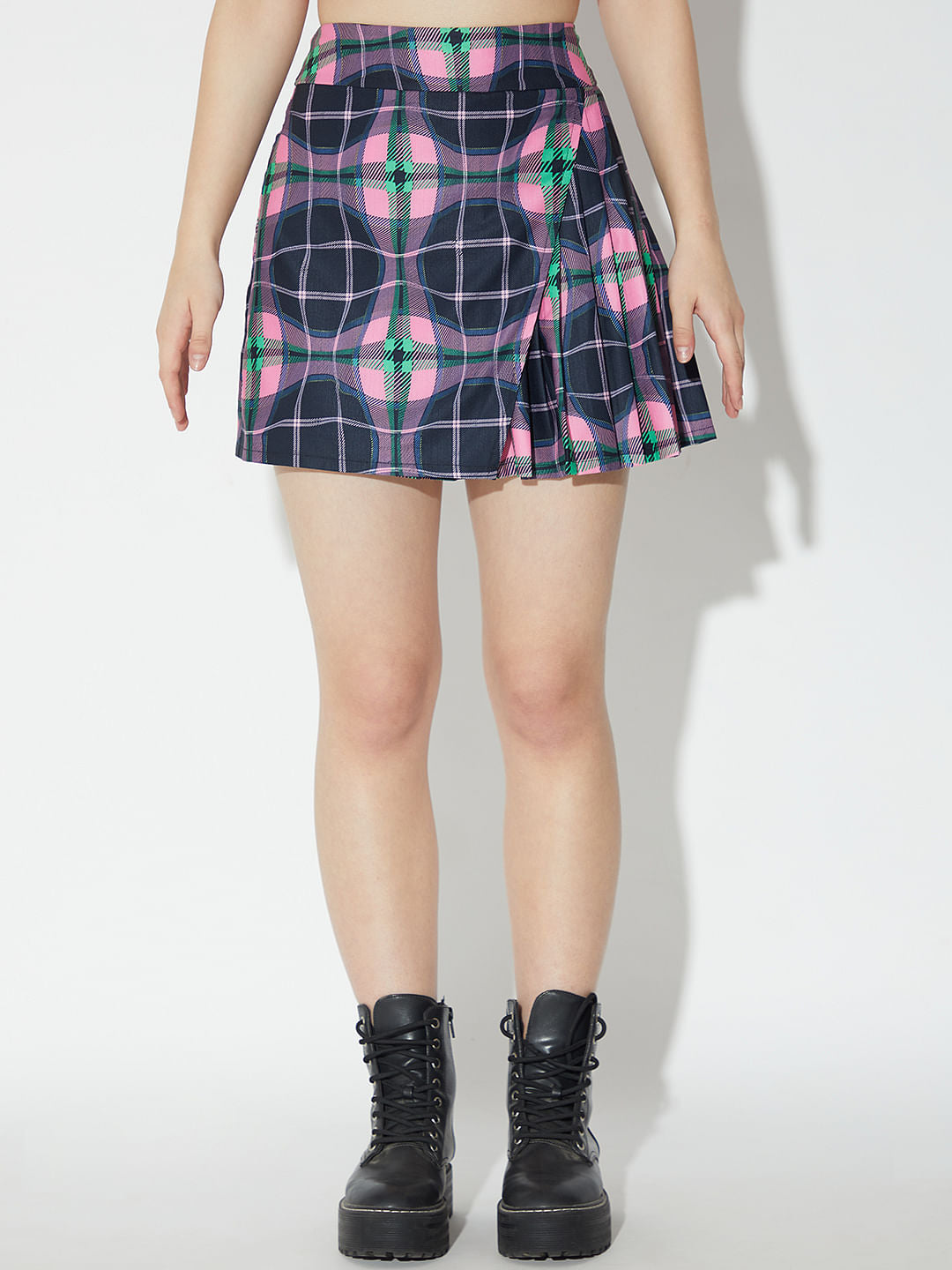 Only X Artverse Black Check Wrap Pleated Skirt