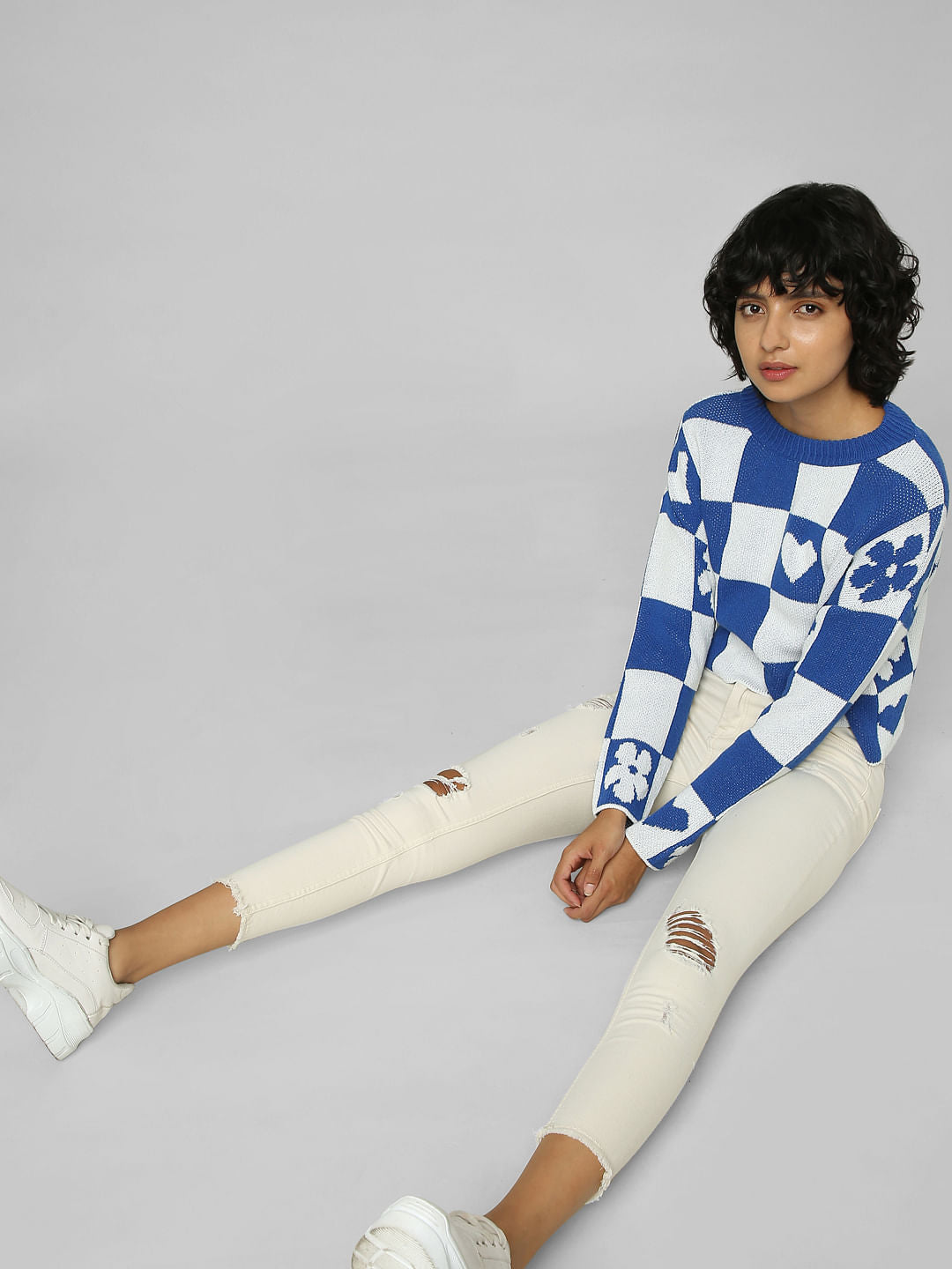 Beige Mid Rise Distressed Skinny Jeans