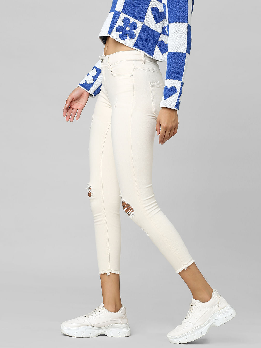 Beige Mid Rise Distressed Skinny Jeans