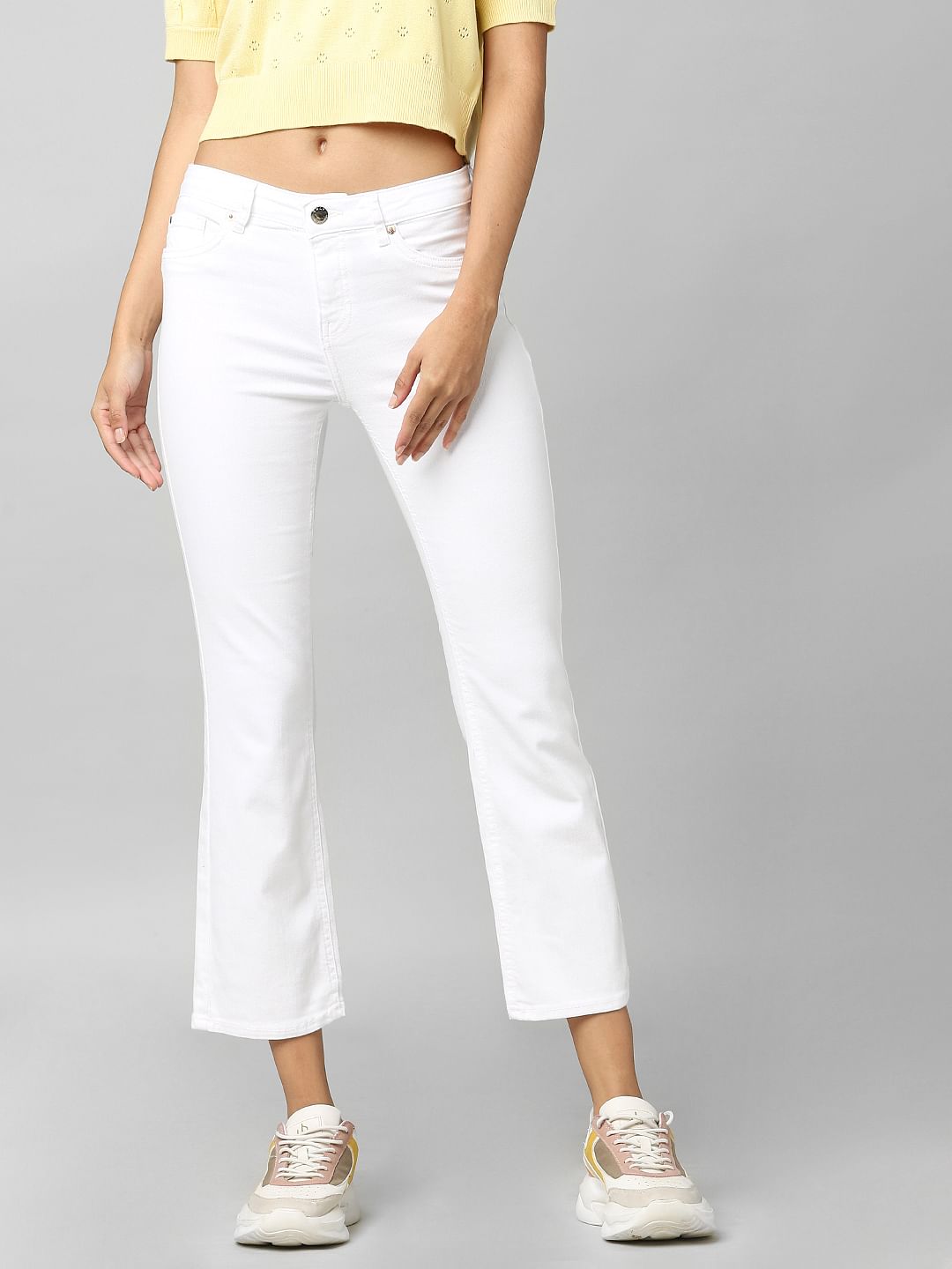 White Mid Rise Cropped Flared Jeans