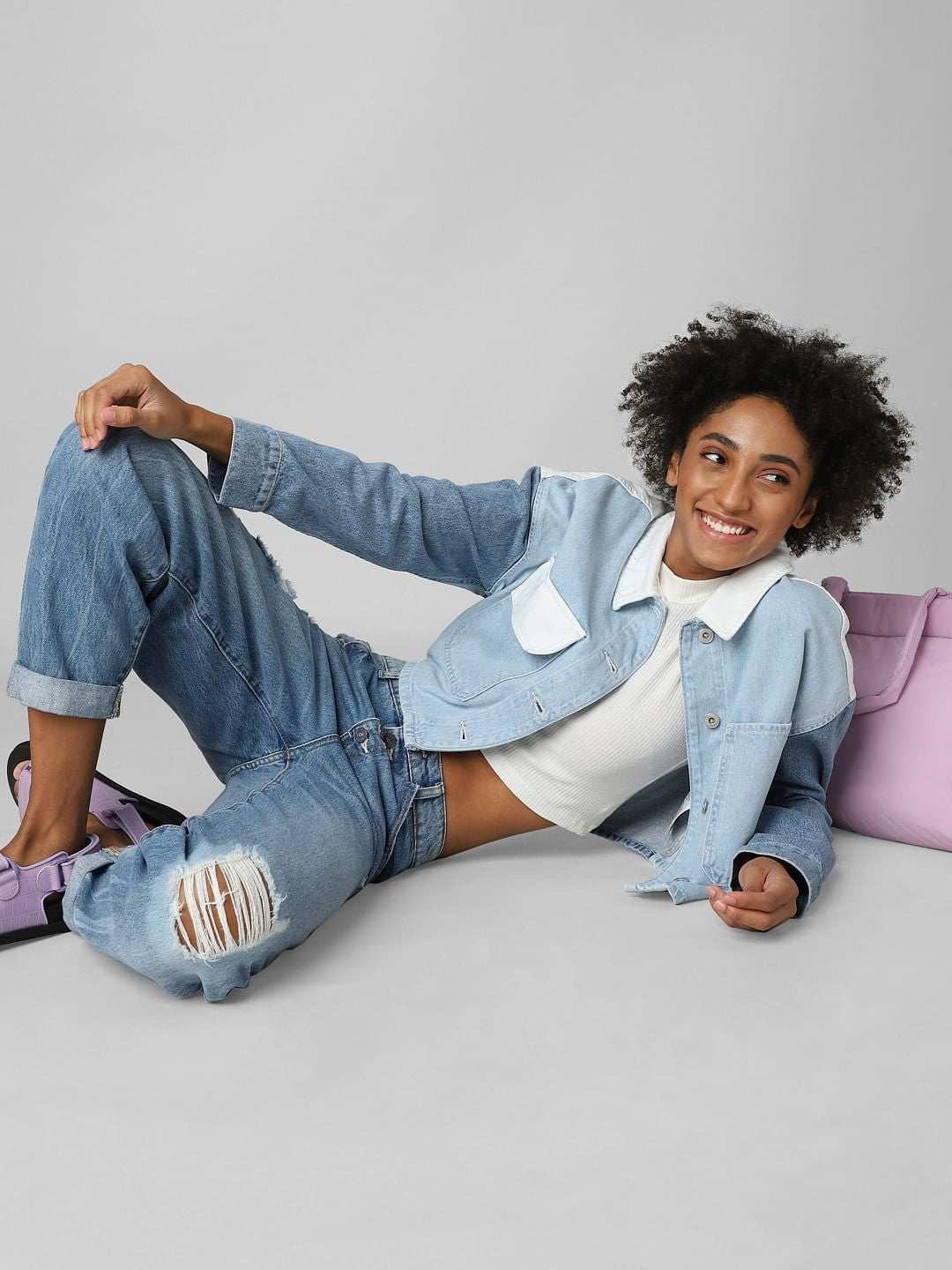 Blue Colourblocked Denim Jacket