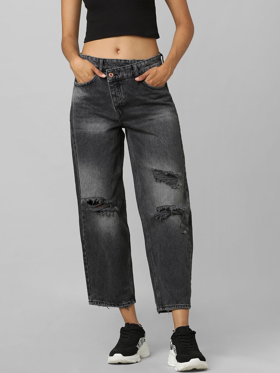 Black High Rise Distressed Boyfriend Jeans