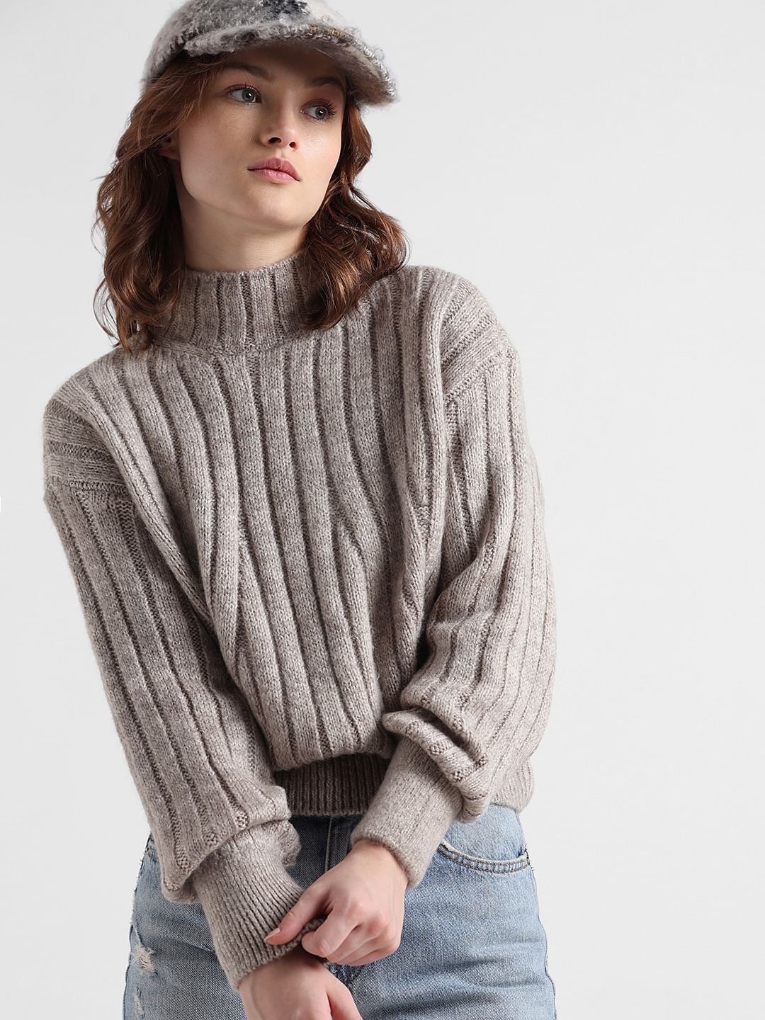 Grey Cable Knit High-Neck Pullover