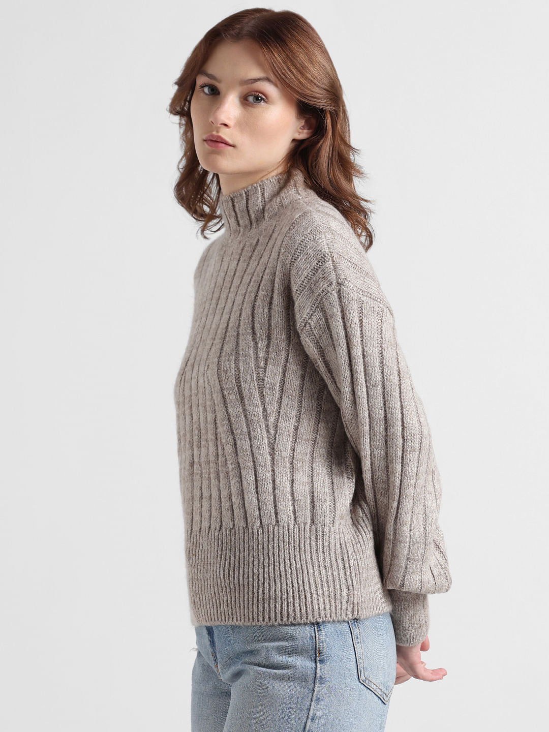 Grey Cable Knit High-Neck Pullover