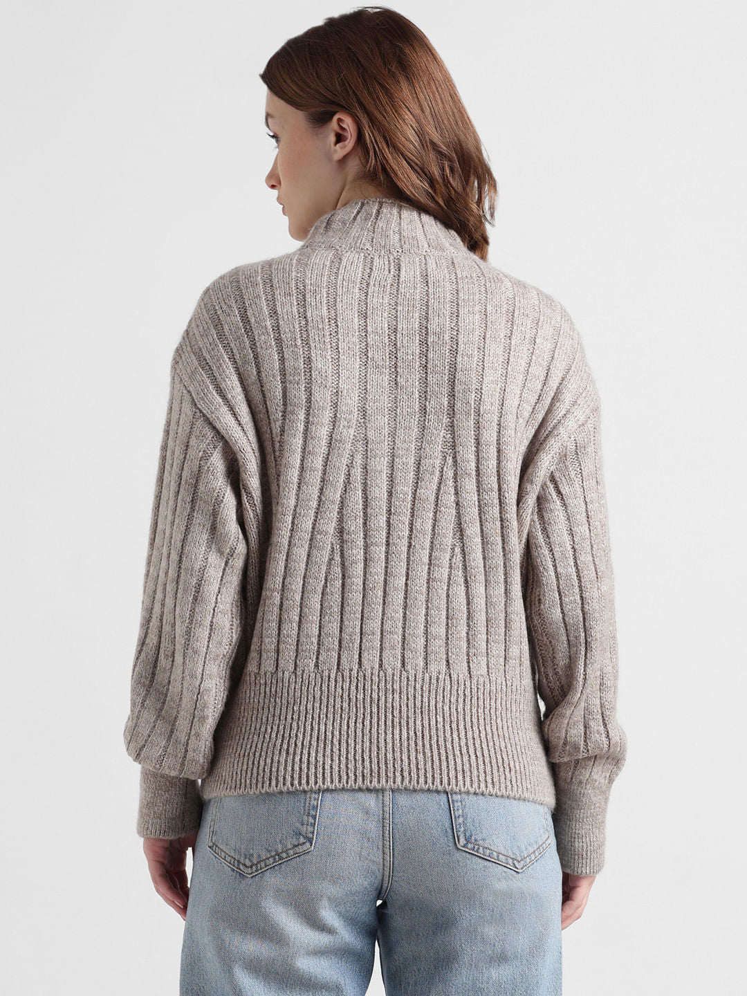 Grey Cable Knit High-Neck Pullover