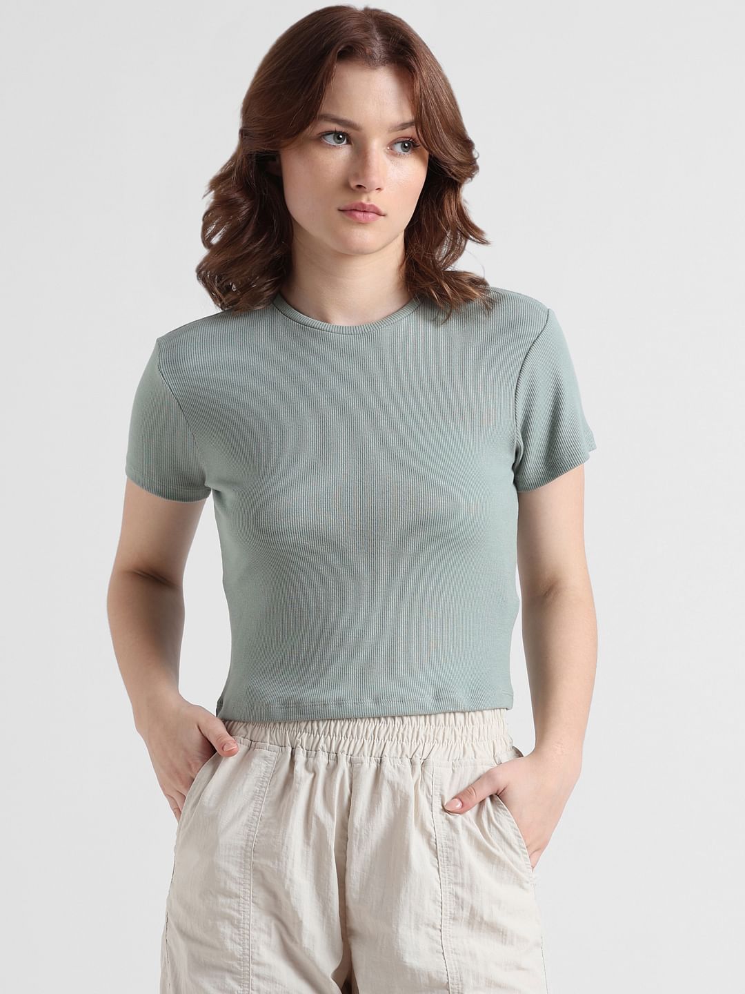 Green Ribbed Cropped Top