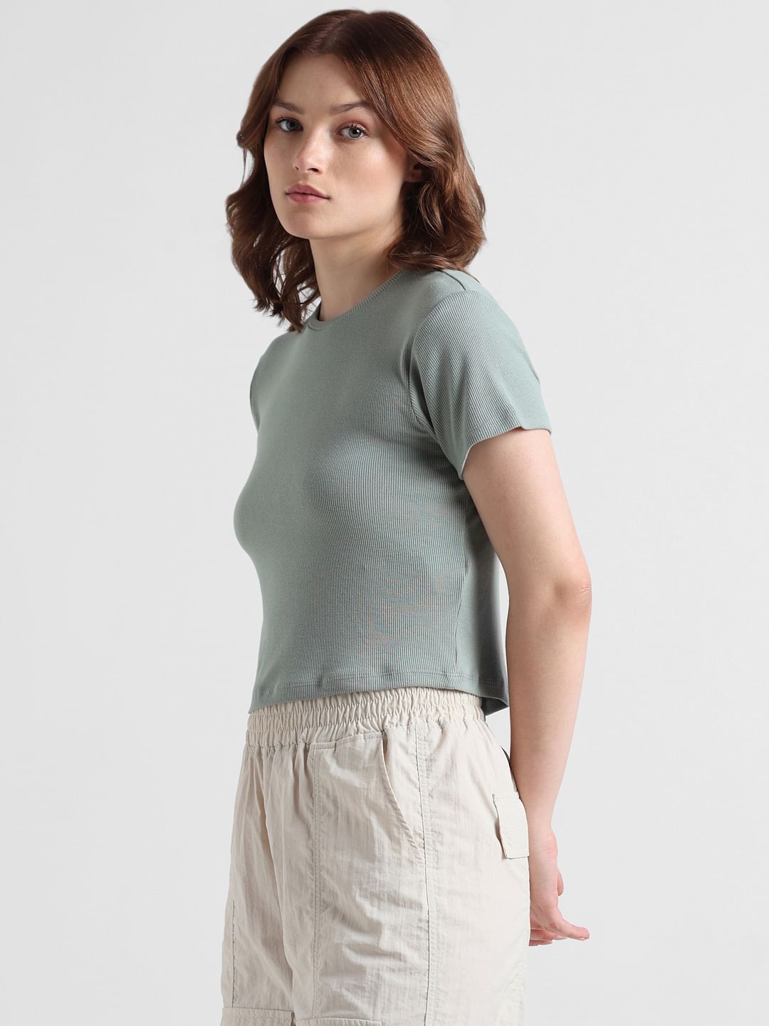 Green Ribbed Cropped Top