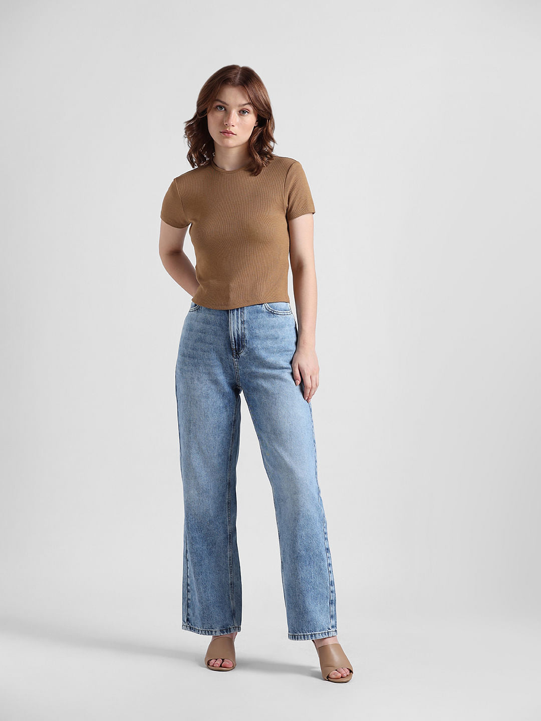 Brown Ribbed Cropped Top