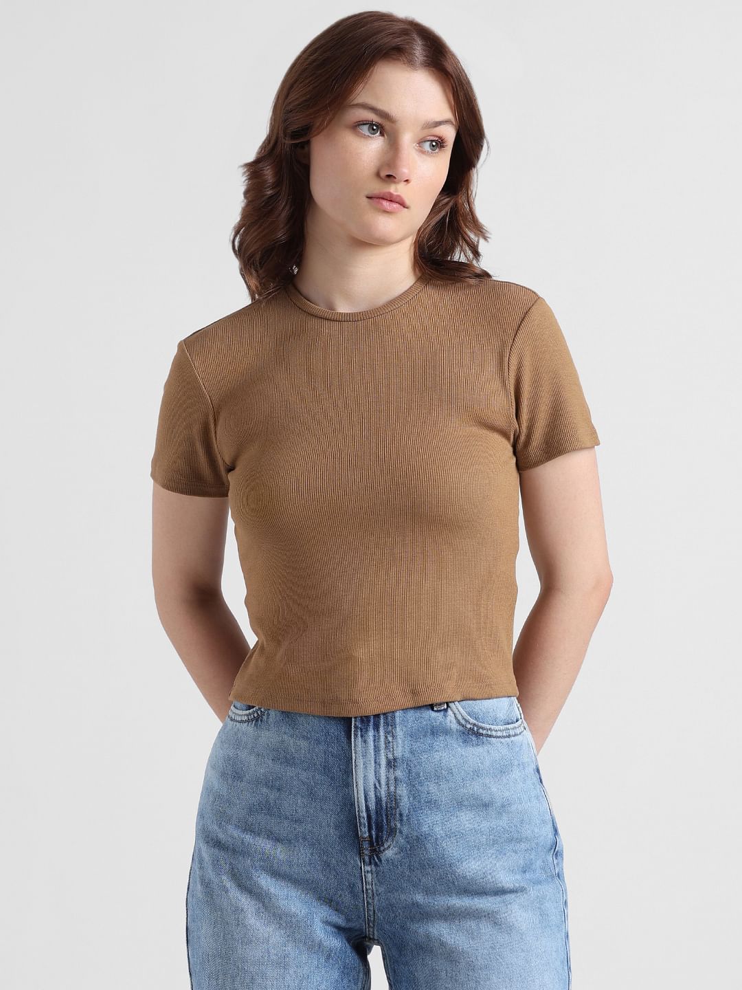 Brown Ribbed Cropped Top