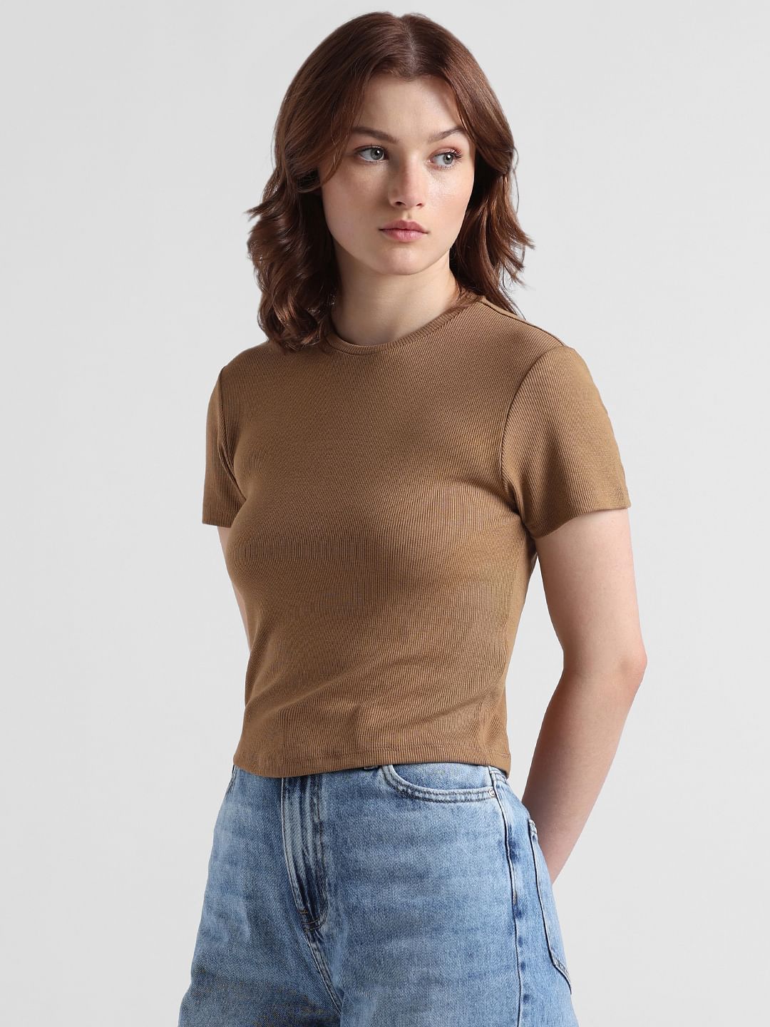 Brown Ribbed Cropped Top
