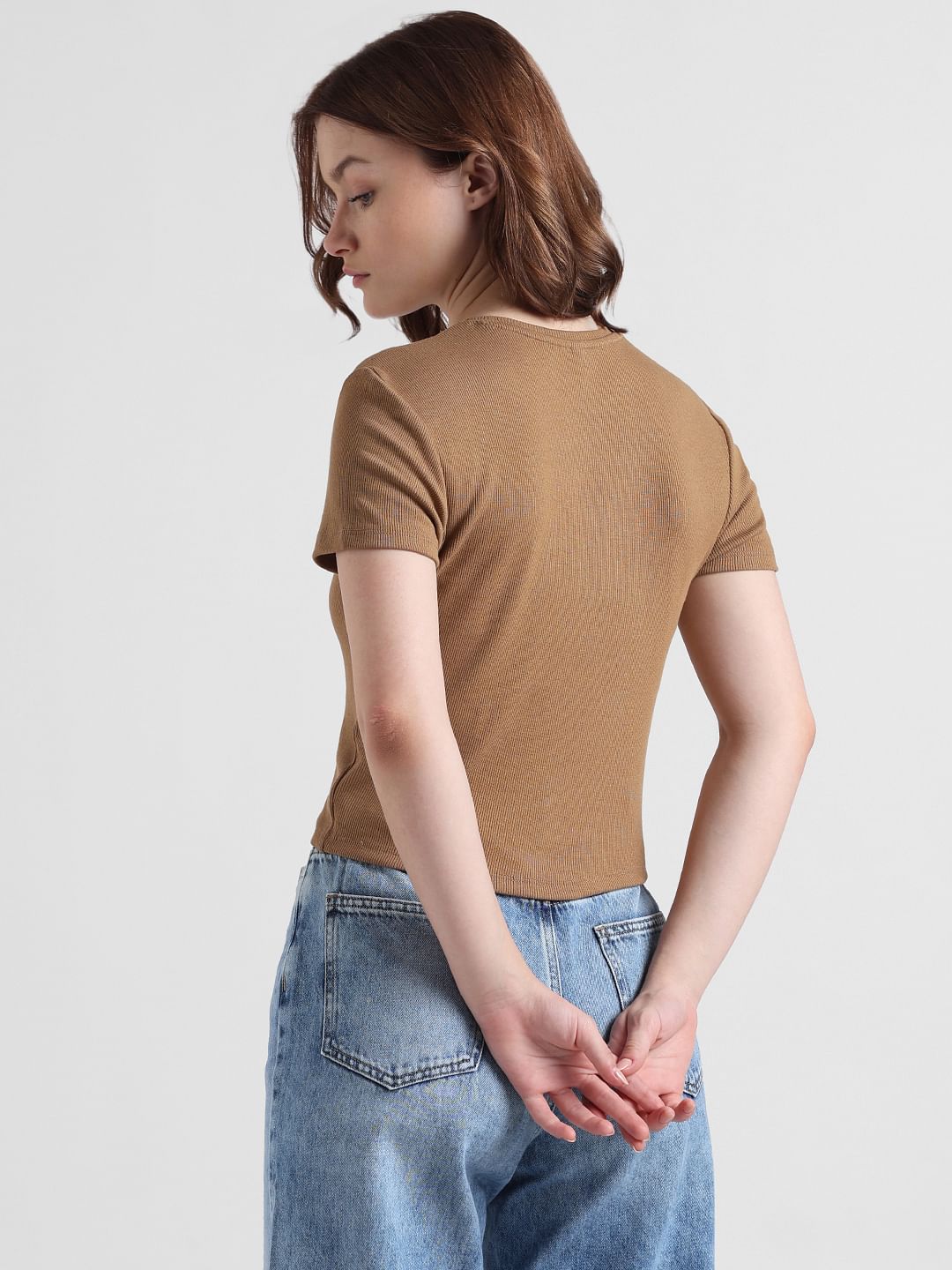 Brown Ribbed Cropped Top