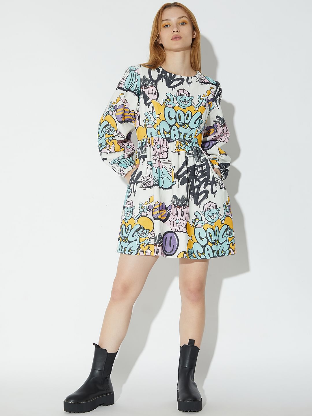 Only X Artverse Beige Typographic Twill Dress