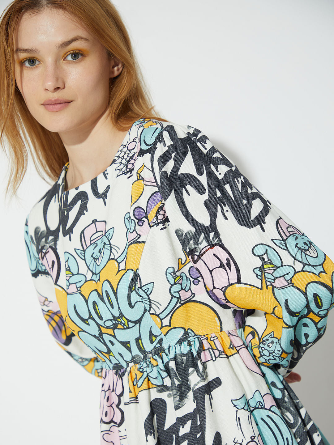 Only X Artverse Beige Typographic Twill Dress