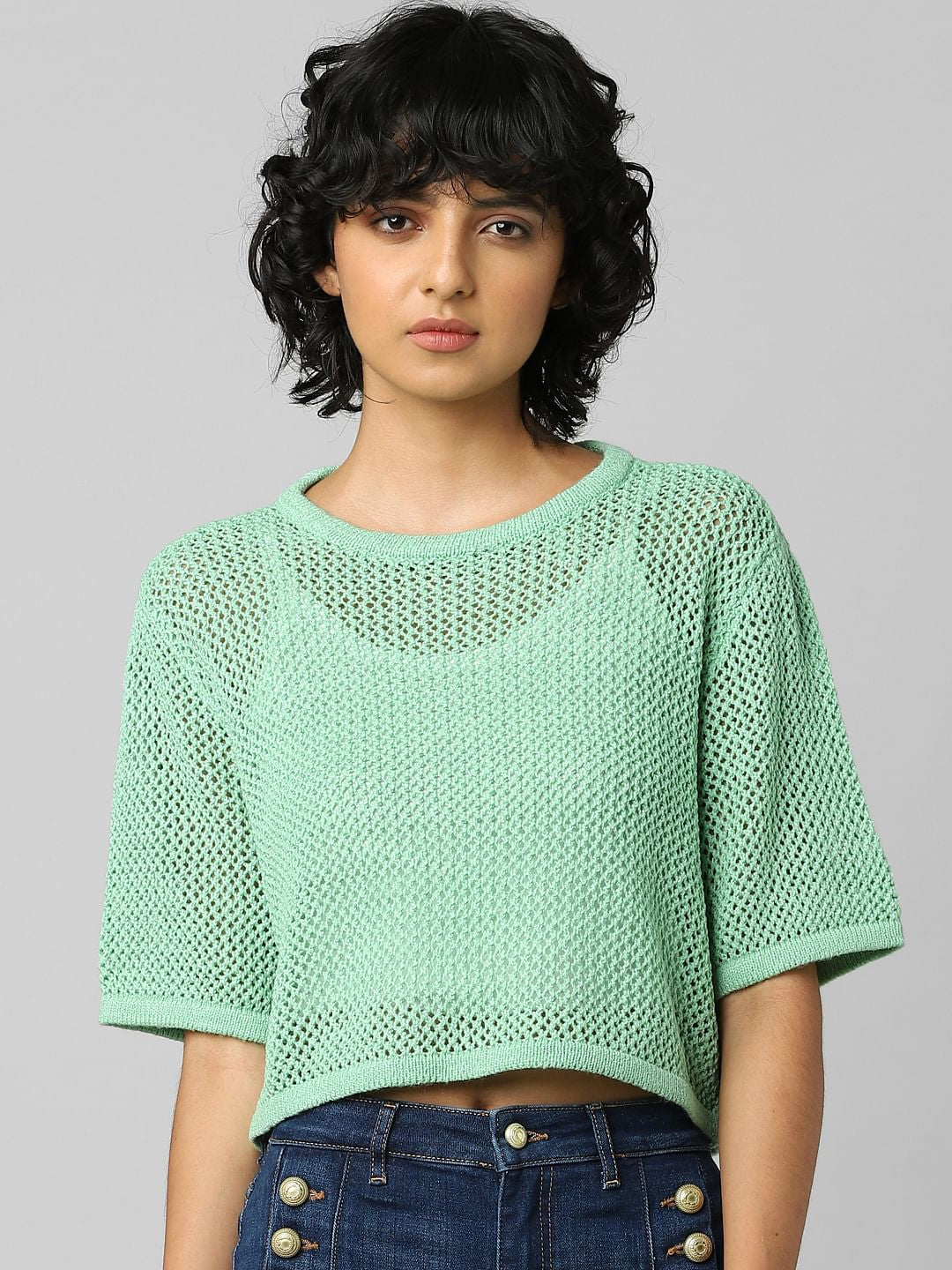 Green Hole-Knit Pullover