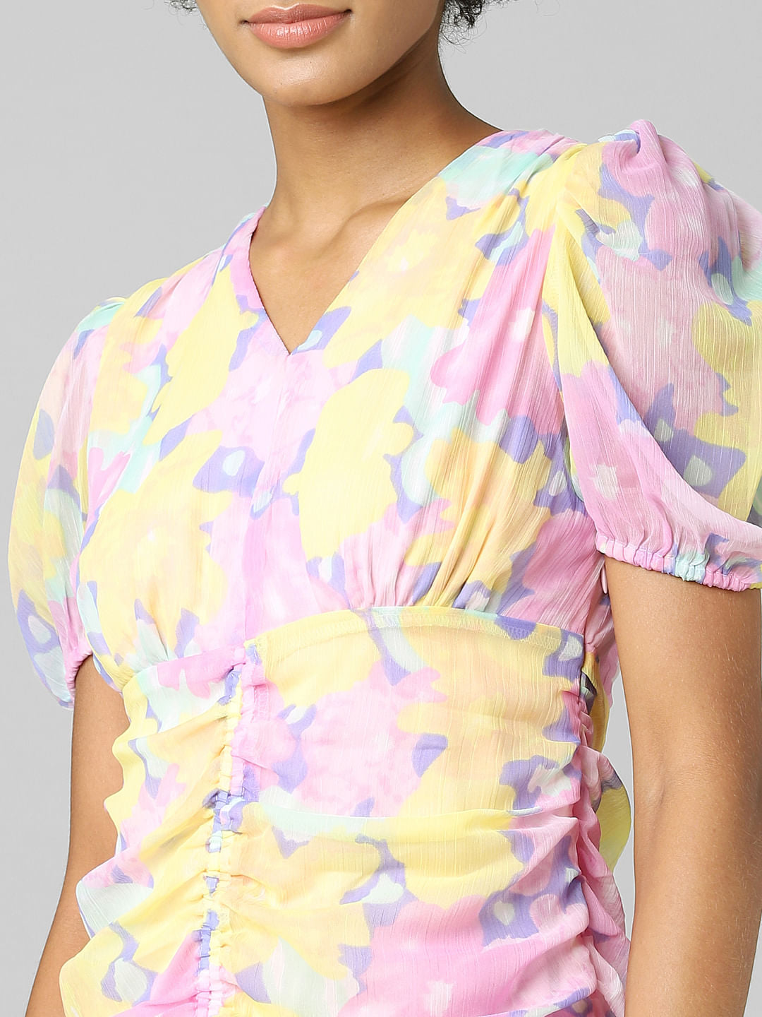 Multi-Coloured Floral Ruched Dress